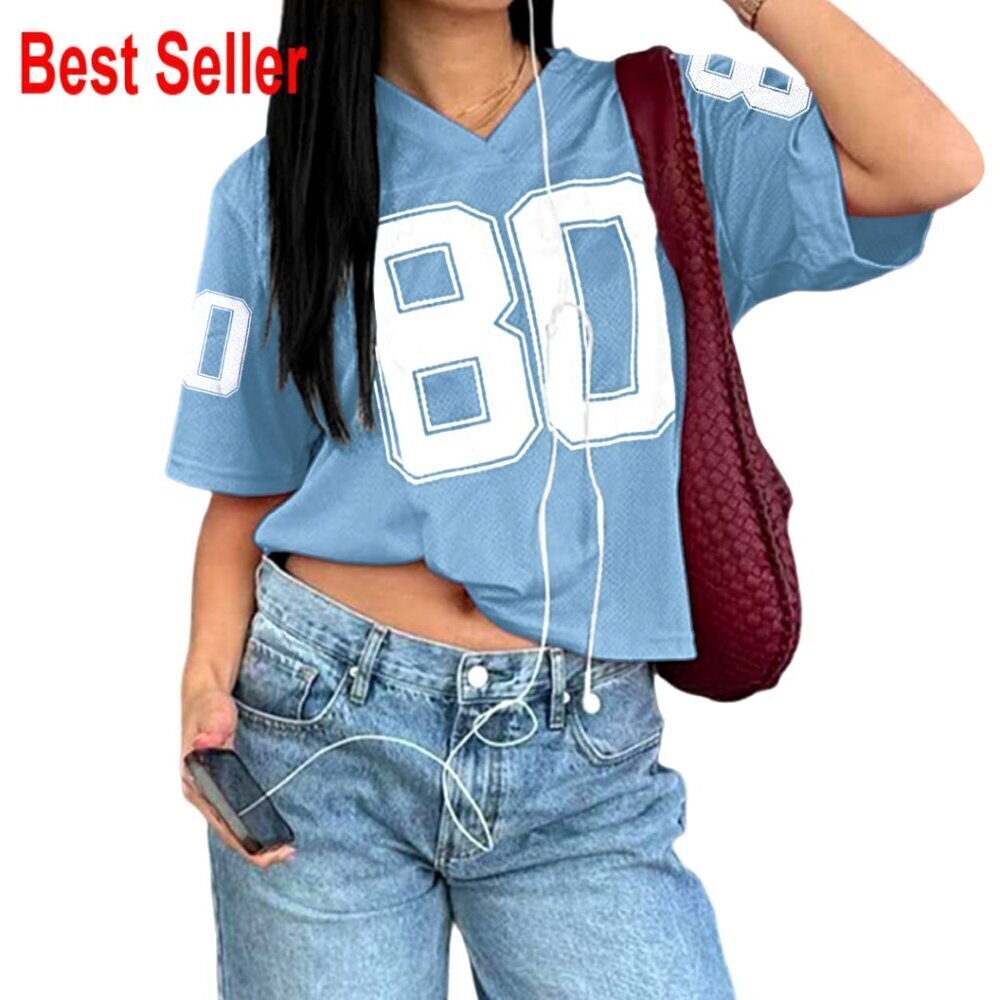 Oversized V Neck Graphic Tee Y2K Streetwear Jersey Top Drop Shoulder Design